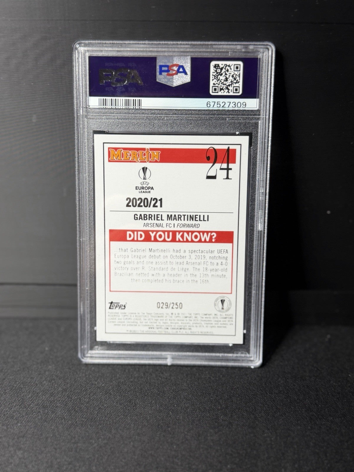 Topps 2020-21 Merlin Chrome UCL Gabriel Martinelli #24 Atomic /250 PSA 91