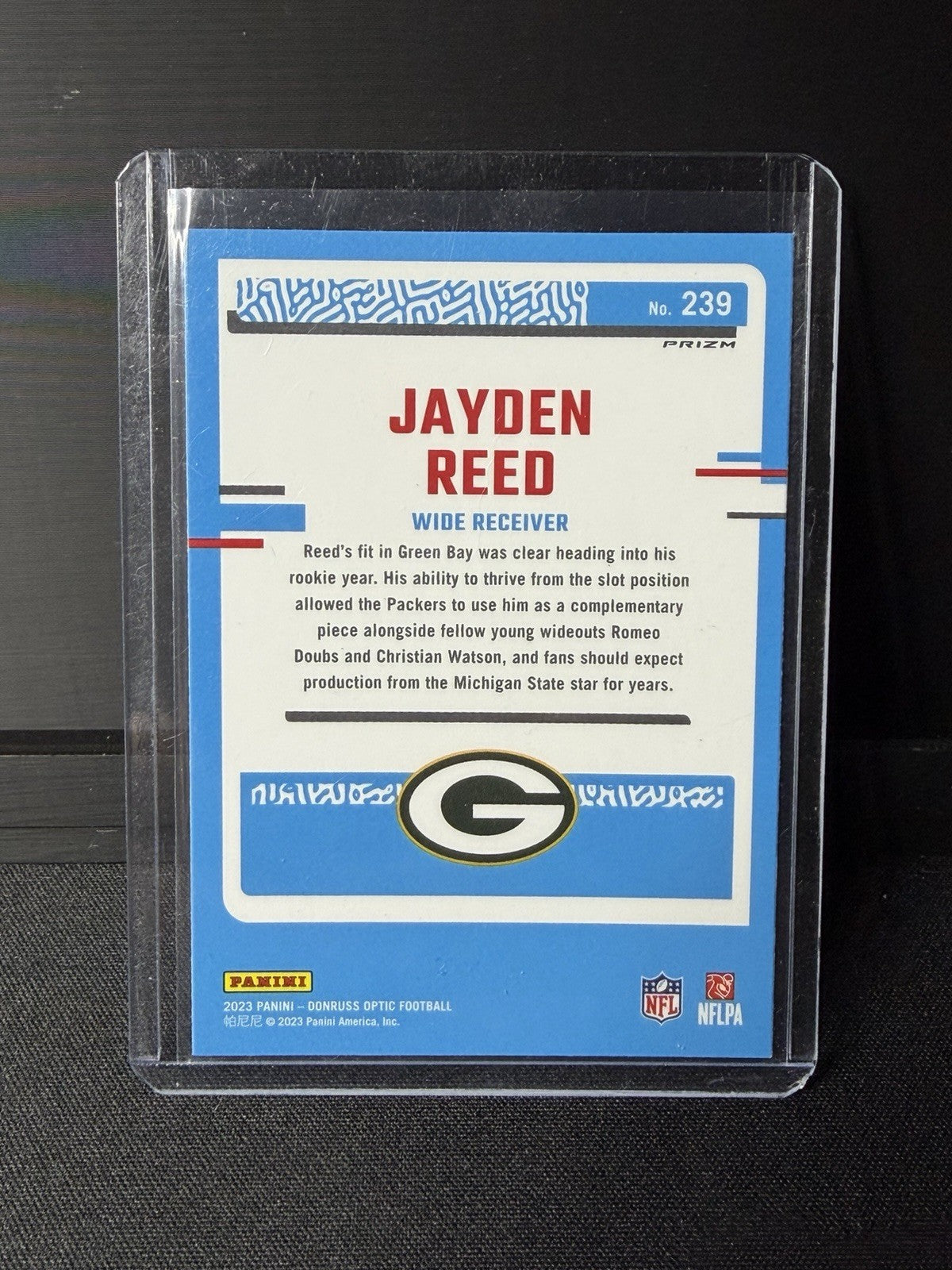 2023 Donruss Optic Jayden Reed purple shock Rated Rookie Prizm #239 Packers1