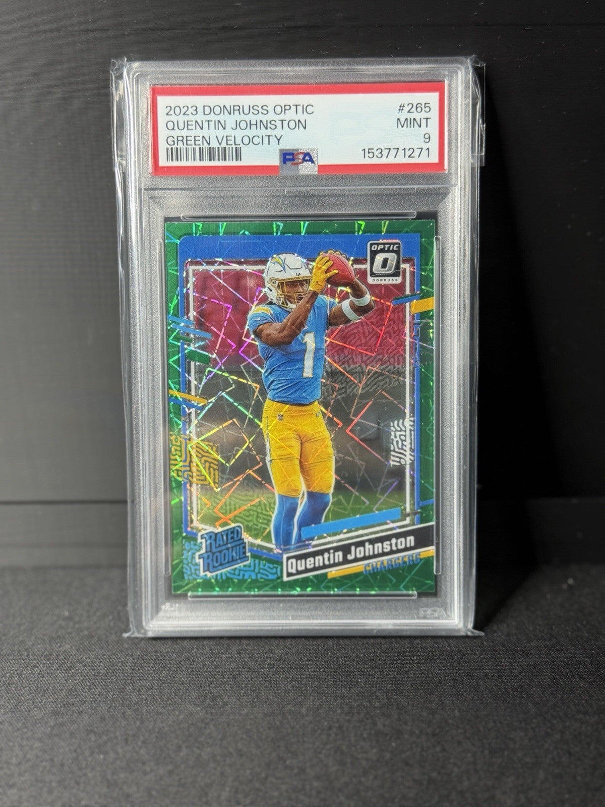 Panini 2023 Donruss Optic Quentin Johnston #265 Green Velocity PSA 9 Chargers0