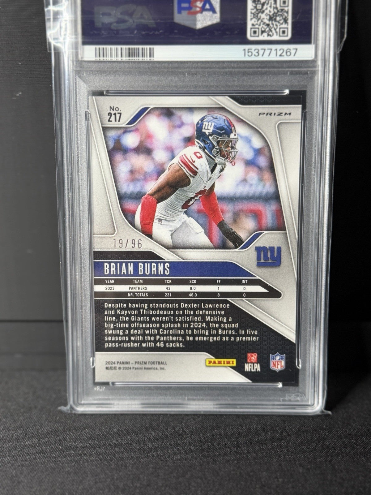 Panini 2024 Prizm Brian Burns Giants #217 Blue Sparkle Prizm /96 PSA 102