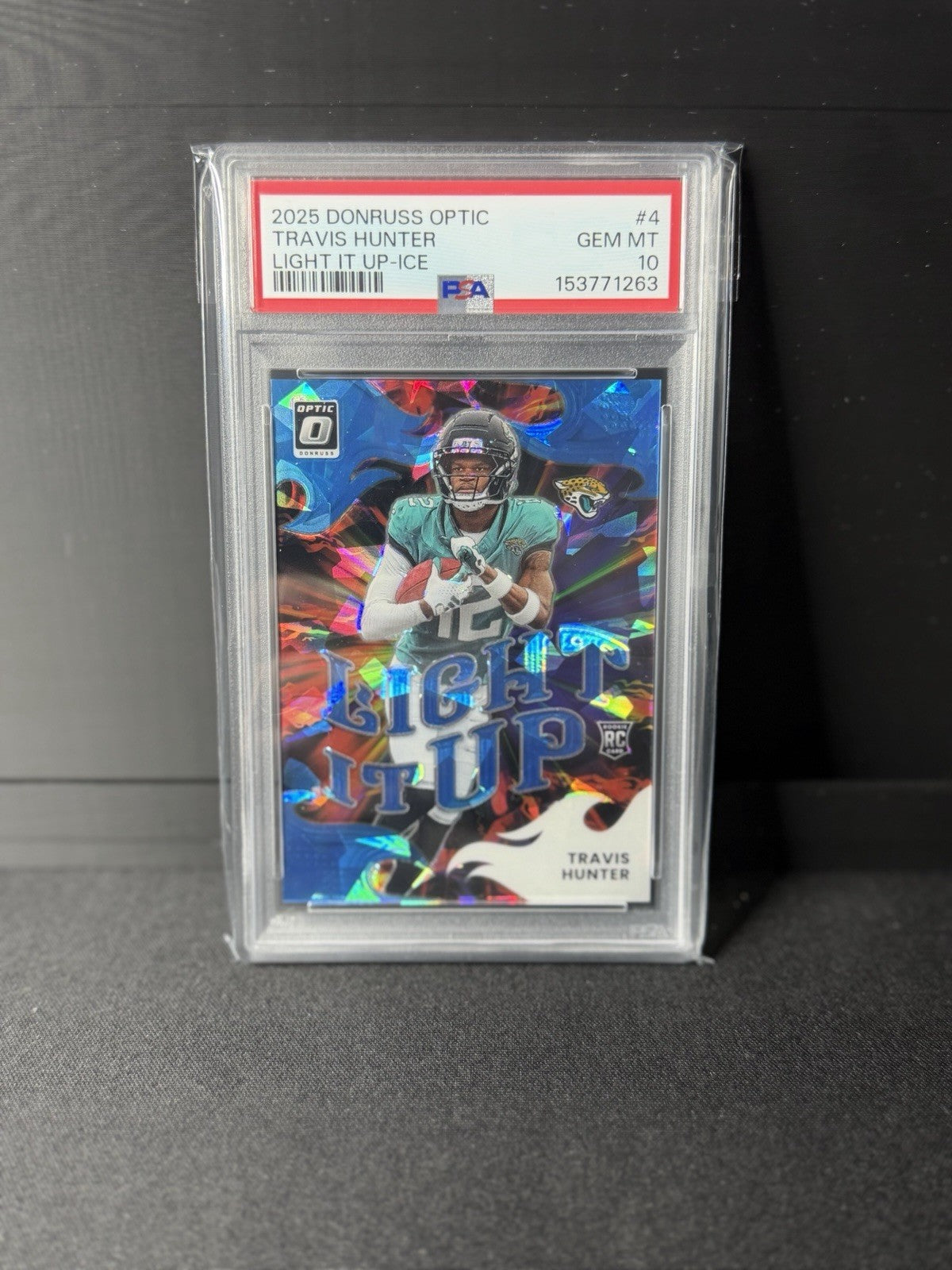 2025 Donruss Optic Travis Hunter Light It Up Ice Prizm Rookie PSA 10 28/550