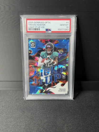 2025 Donruss Optic Travis Hunter Light It Up Ice Prizm Rookie PSA 10 28/550