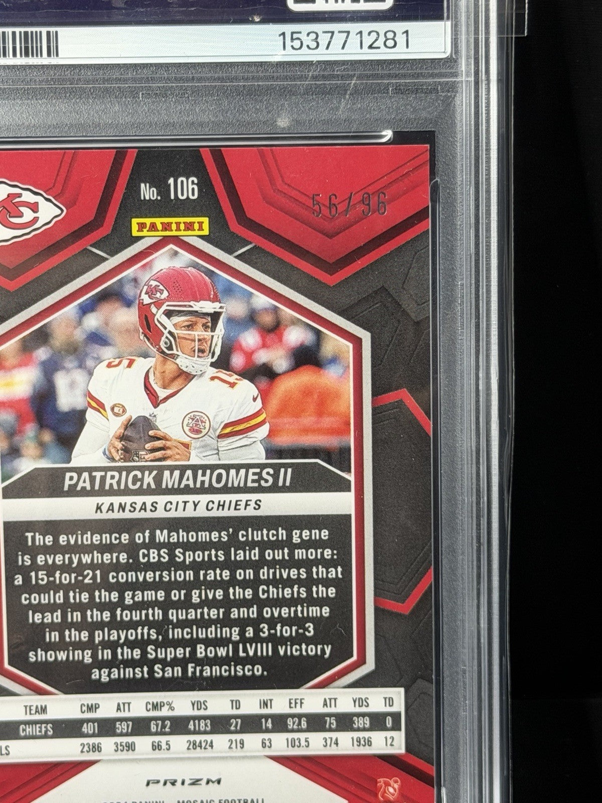 Panini 2024 Mosaic Blue Sparkle Prizm Patrick Mahomes II #106 PSA 9 /96 Chiefs2