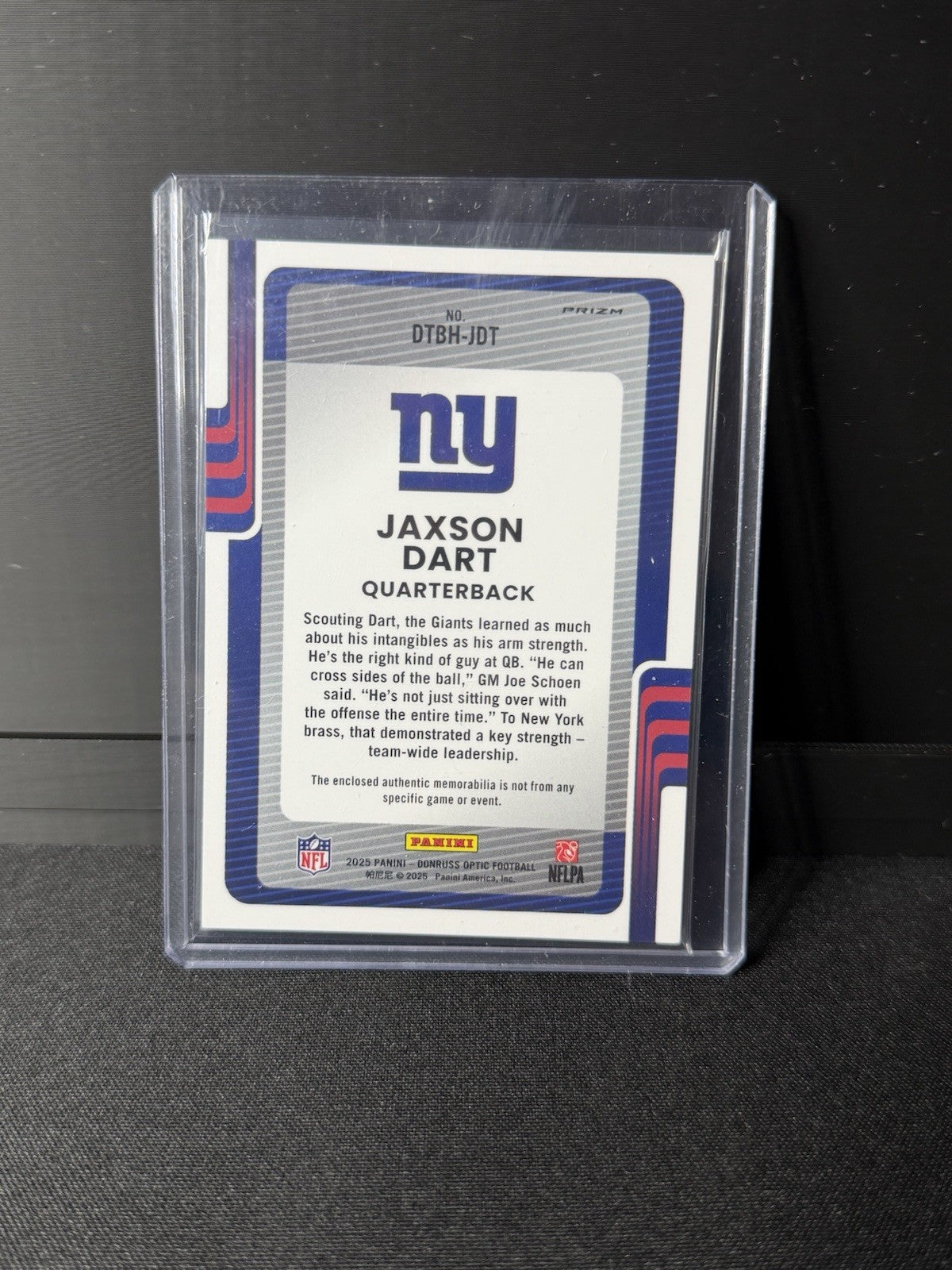 Jaxson Dart 2025 Donruss Optic Threads Rookie Jersey Blue Hyper Prizm RC Relic1