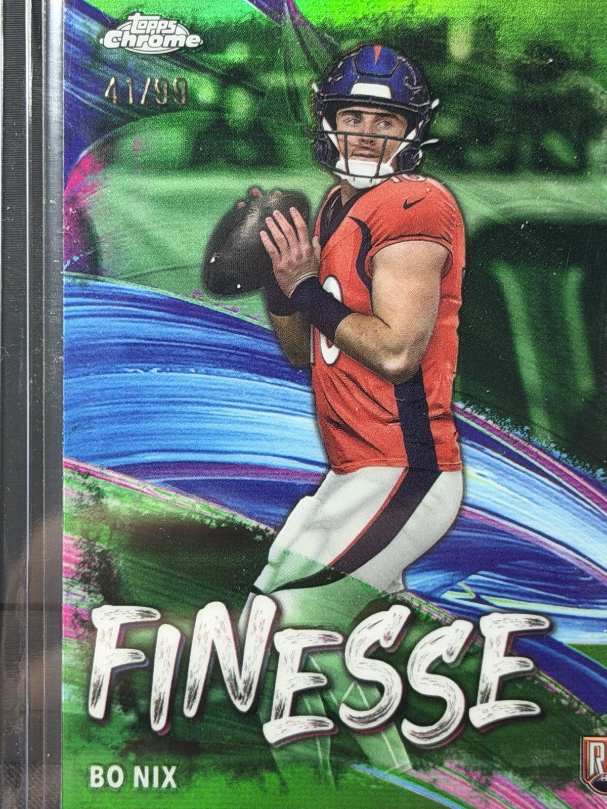 Topps 2024 Topps Chrome Bo Nix Broncos Finesse F-4 Green Refractor 41/99 RC2