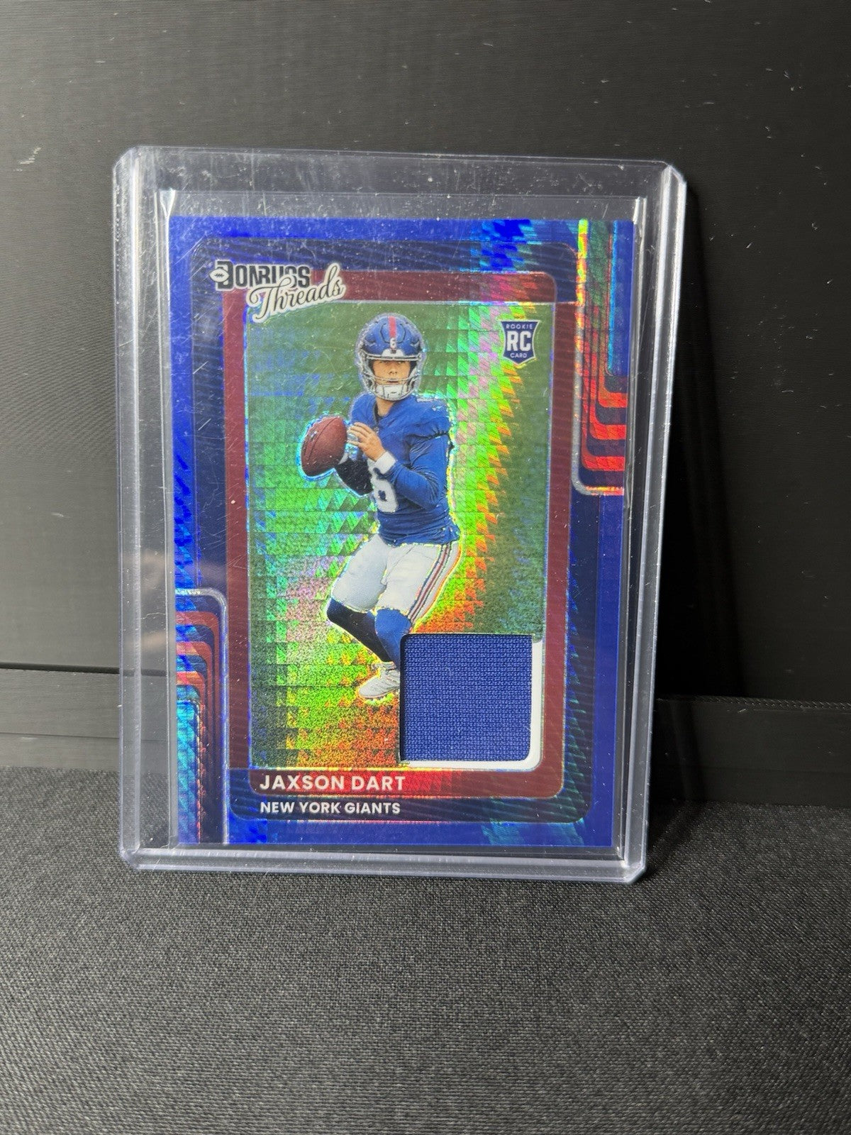 Jaxson Dart 2025 Donruss Optic Threads Rookie Jersey Blue Hyper Prizm RC Relic0
