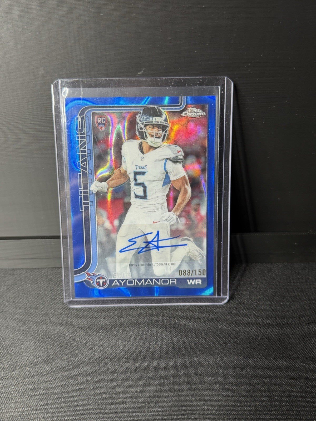 Elic Ayomanor 2025 Topps Chrome #RA-EAY Blue Lava Refractor Rookie Auto RC /1500