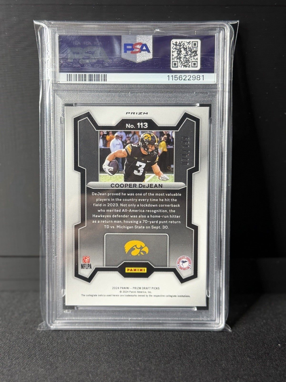 Panini 2024 Prizm Draft Picks Cooper DeJean Blue Prizm /199 RC #113 PSA 91