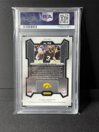 Panini 2024 Prizm Draft Picks Cooper DeJean Blue Prizm /199 RC #113 PSA 91