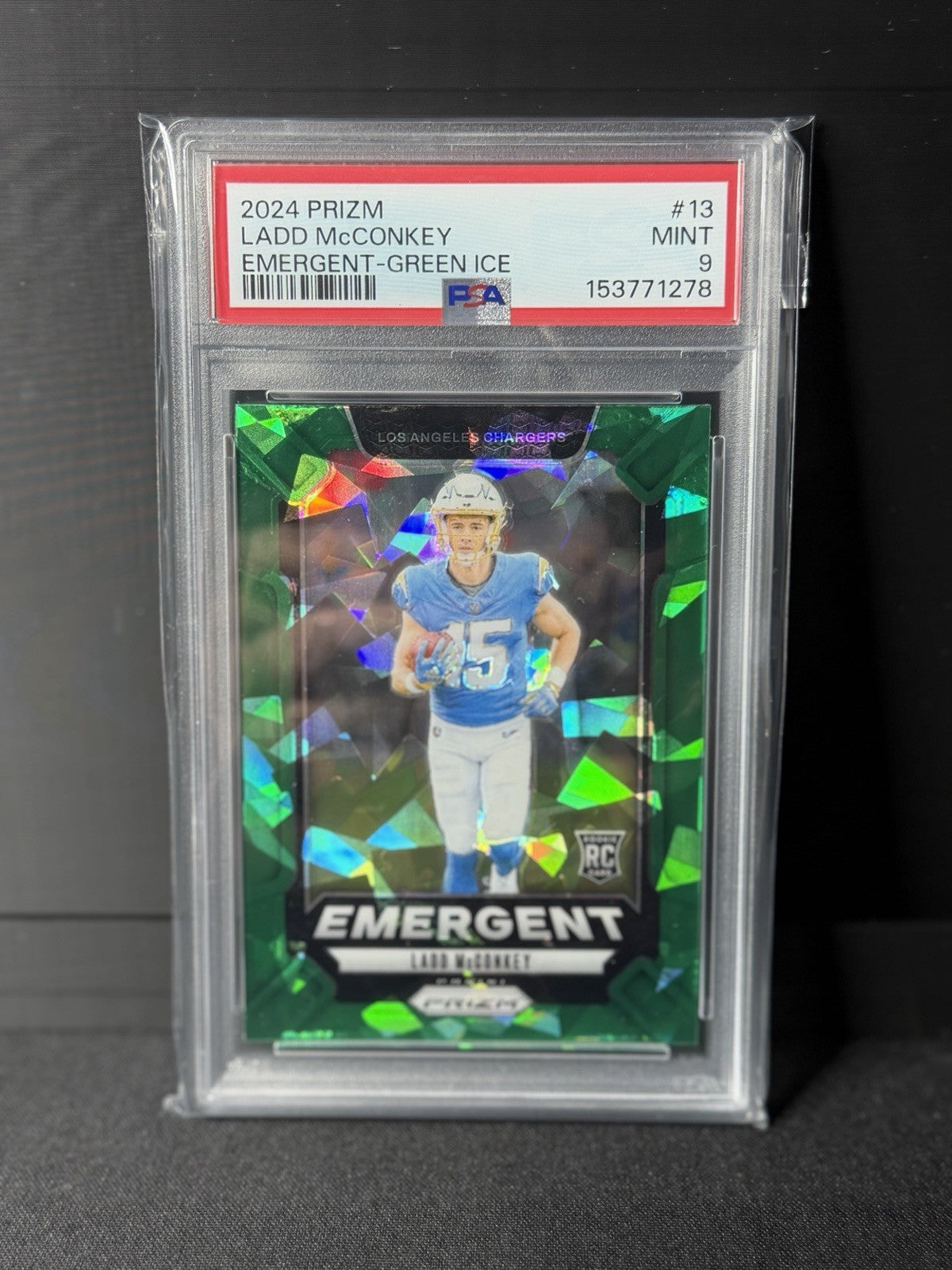 Panini 2024 Prizm Ladd McConkey Emergent Green Ice Prizm RC #13 PSA 90
