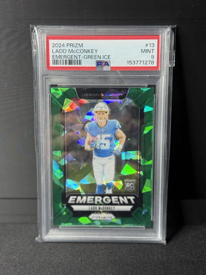 Panini 2024 Prizm Ladd McConkey Emergent Green Ice Prizm RC #13 PSA 90
