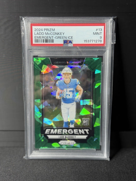 Panini 2024 Prizm Ladd McConkey Emergent Green Ice Prizm RC #13 PSA 90