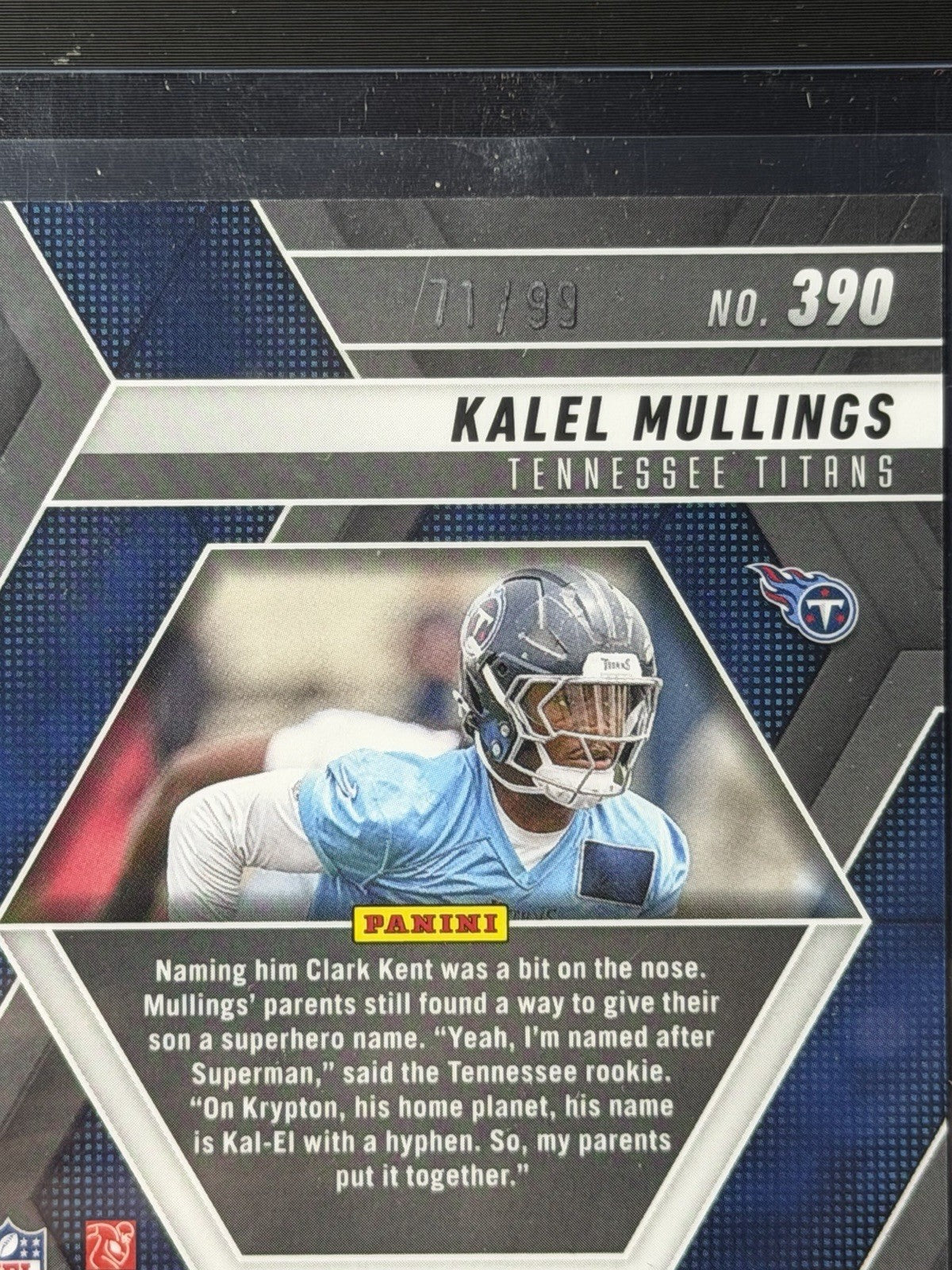 Panini 2025 Mosaic Kalel Mullings #390 Titans No Huddle Blue Prizm 71/99 Rookie2