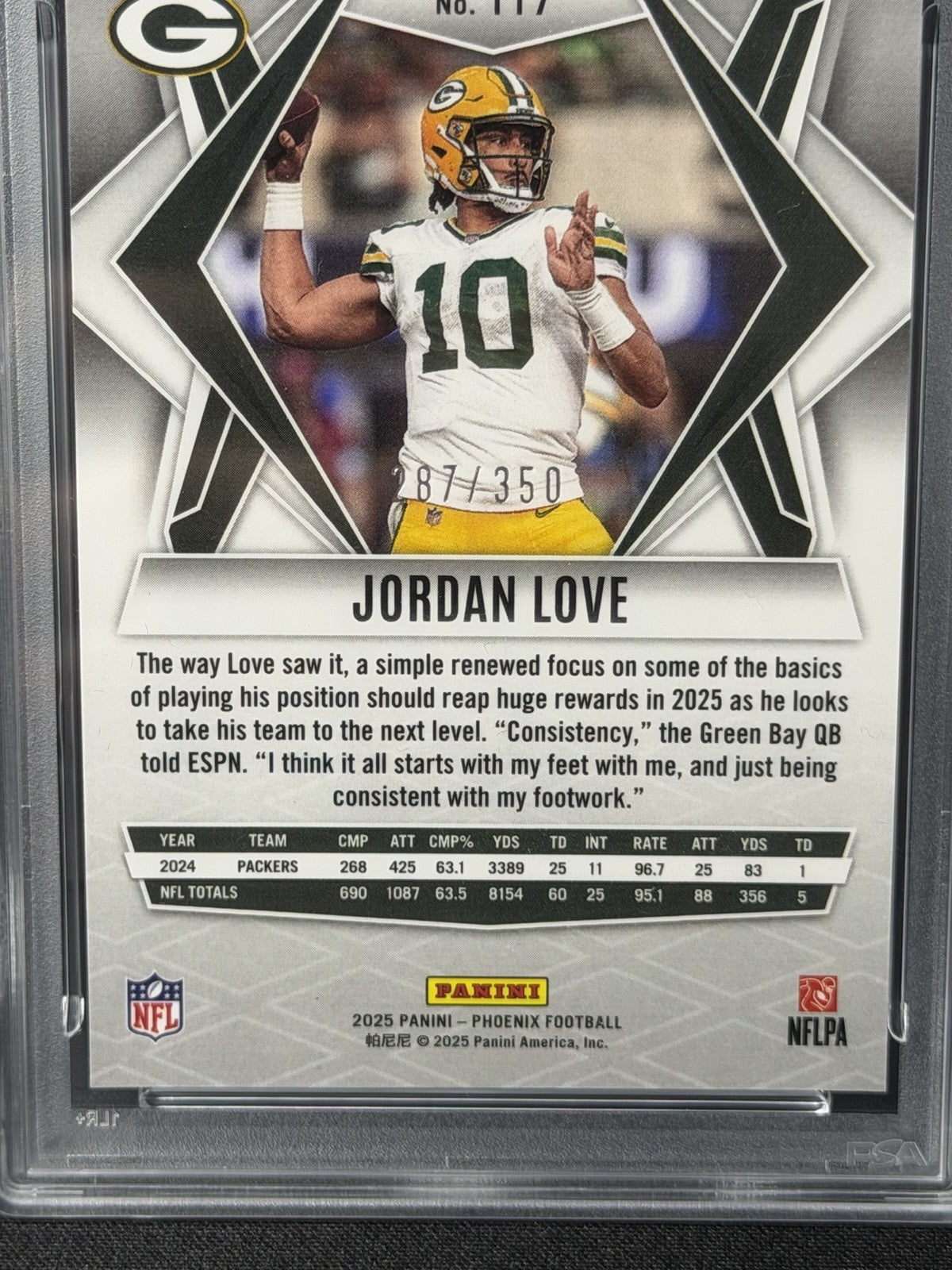 Panini 2025 Phoenix Jordan Love Fire Burst #117 /350 Green Bay Packers PSA 92