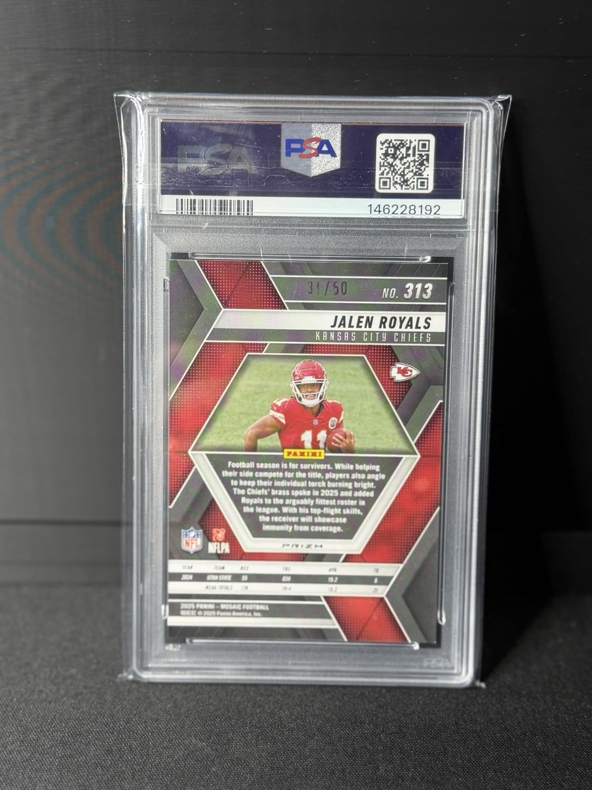 Panini 2025 Mosaic Jalen Royals No Huddle Purple Prizm RC #313 /50 PSA 91