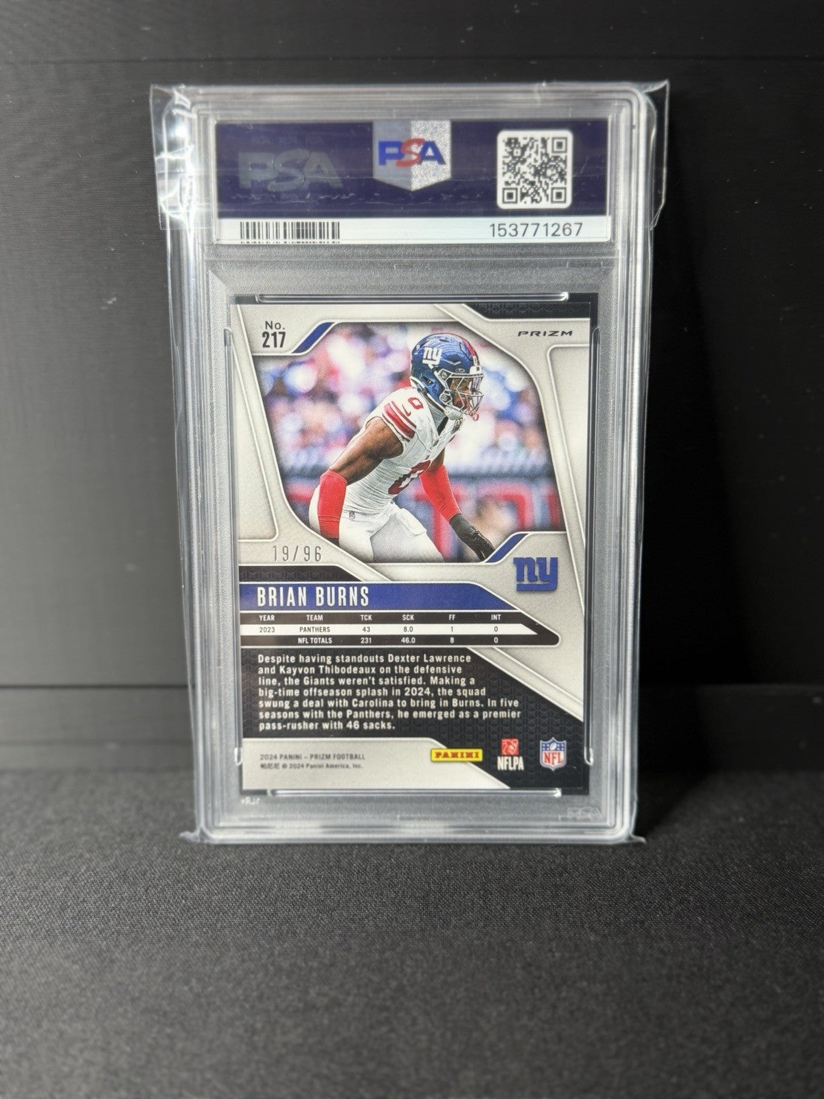 Panini 2024 Prizm Brian Burns Giants #217 Blue Sparkle Prizm /96 PSA 101