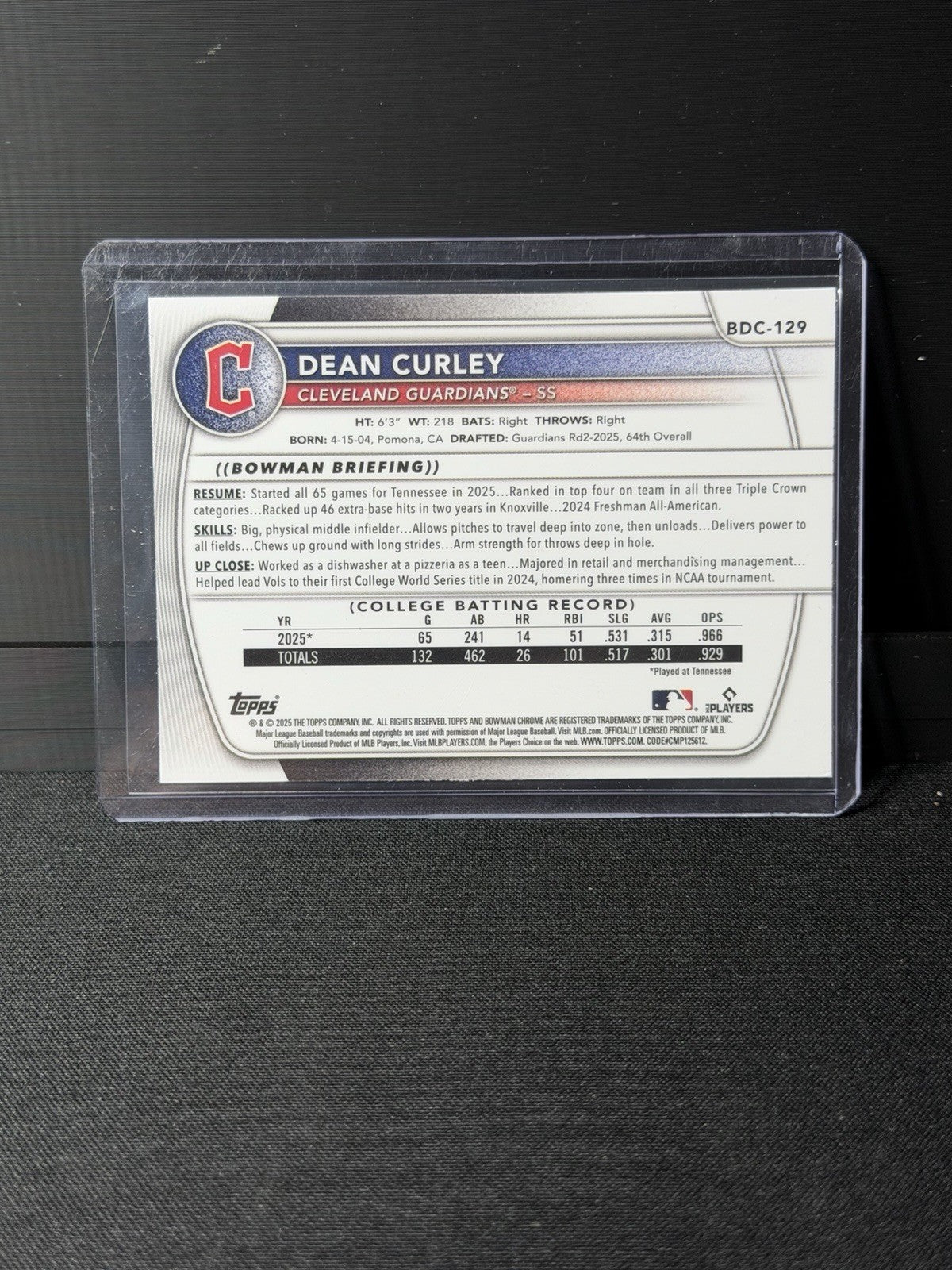 Topps 2025 Bowman Chrome Green Reptilian Dean Curley #BDC-129/99 Guardians Rook…1