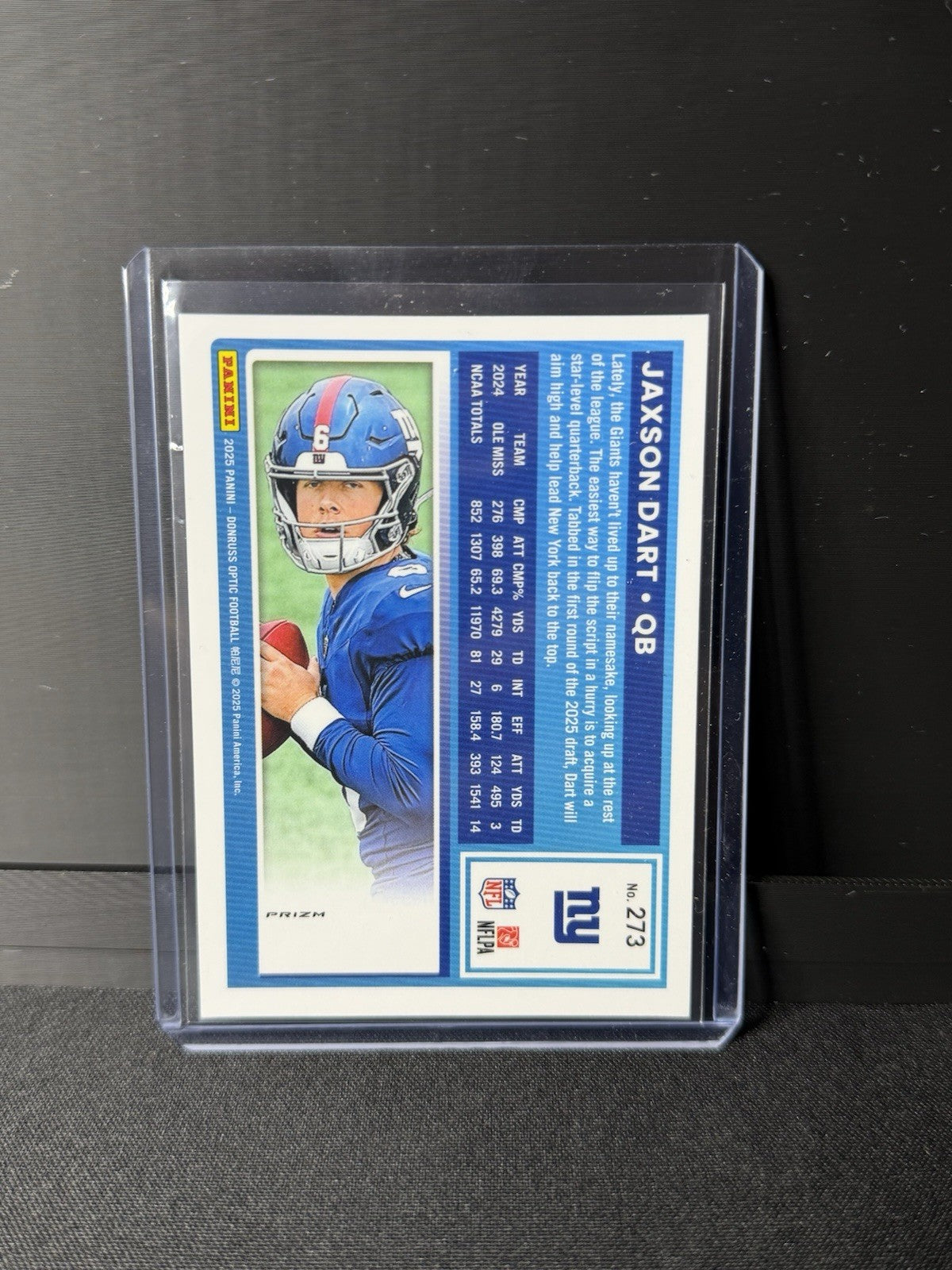 2025  Donruss Optic - Rated Rookie Jaxson Dart #273 Purple Shock Prizm (RC)1
